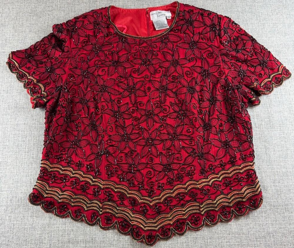 Vintage Papell Boutique Evening Silk Beaded Top Womens 1X Red Floral Scallop